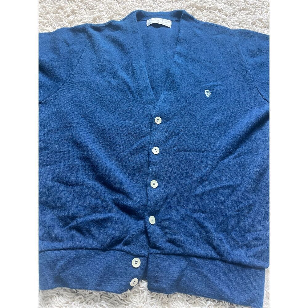 Vintage Christian Dior Monsieur Sweater M Orlon USA Made Logo Cardigan Navy Blue - Picture 2 of 12